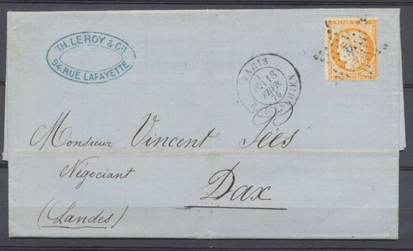 1875 Lettre N°38 40c orange obl Paris étoile 4 pour Dax.TB. N3920