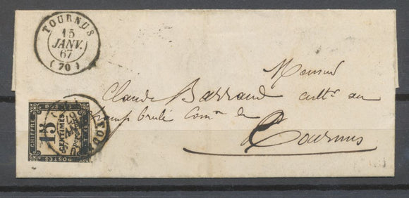 1867 Lettre taxe Carré N°3 15c noir B, marge courte de Tournus pr Tournus N3928