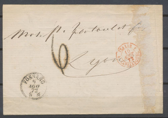 1872 Lettre de Fossano pour Lyon a 6d, entrée en France par Lanslebourg N3929
