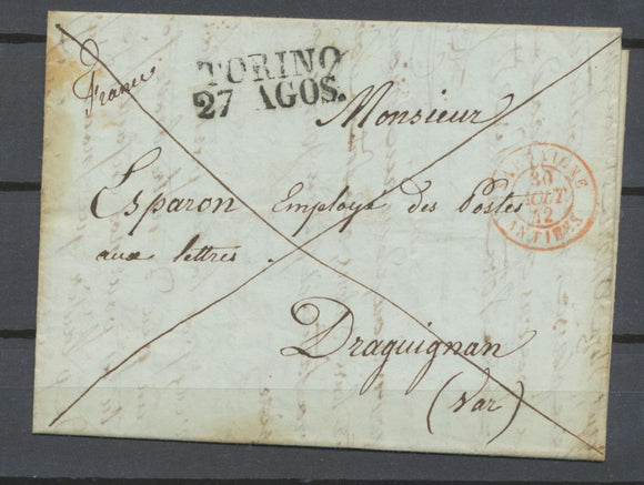 1842 Lettre en PP Turin CAD rouge entrée en France Sardaigne Antibes Sup N3935
