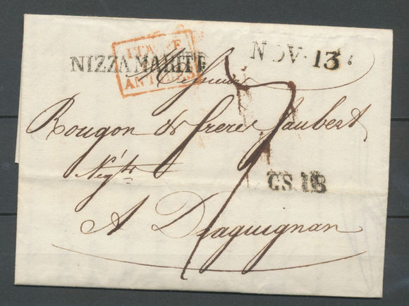 1820 Lettre de Nice Avec Cachet Rouge entrée en France ITALIE PAR ANTIBES N3936