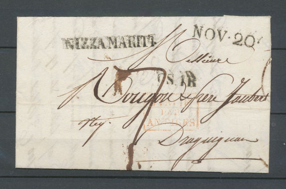 1820 Lettre de Nice Avec Cachet Rouge entrée en France ITALIE PAR ANTIBES N3937