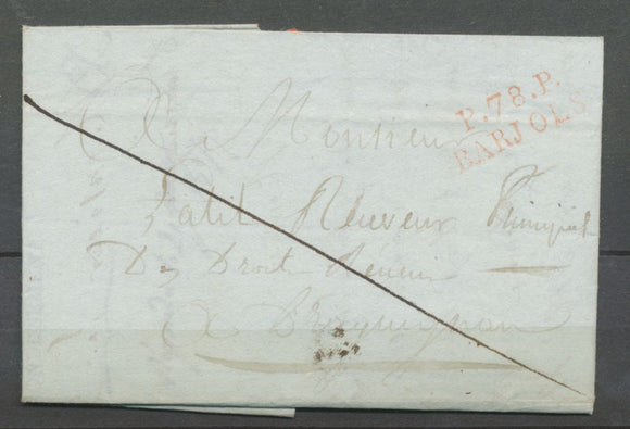 1807 Lettre Marque P78P BARJOLS 24x9mm en rouge VAR(78).  Indice 15. TB N3942