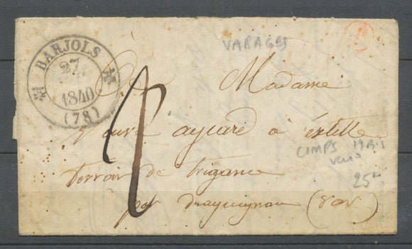 1840 Lettre CAD T12 BARJOLES VAR(78) + Boîte Rurale VARAGES B. N3947