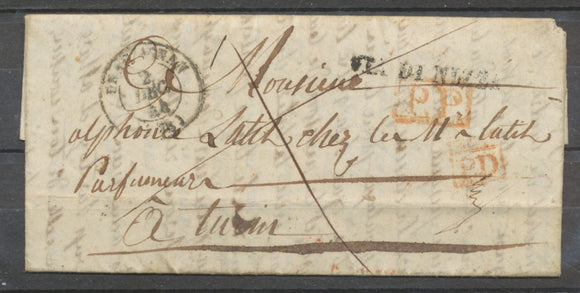 1844 Lettre en PP + PD Rge + CAD T15 DRAGUIGNAN VAR(78) Pour Turin. TB N3956