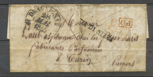 1845 Lettre en PP + PD Rge CAD T12B DRAGUIGNAN VAR(78) Pour Turin TB. N3957