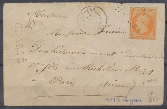 1868 Lettre CHARGE N°23 40c Orange GC2073 LONGEAU HAUTE-MARNE(50) A328