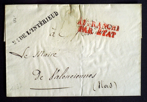 1833 France lettre Franchise Me DE L'INTERIEUR en Noir. Sup. AA38