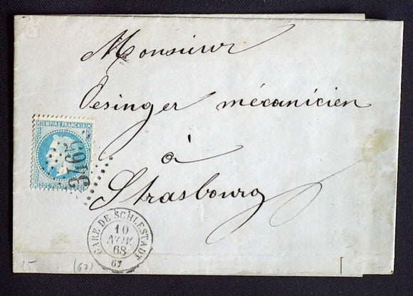 1868 France lettre GC3465 sur N°29 CàD t.15 Gare de Schlestadt 67 sans () AA51