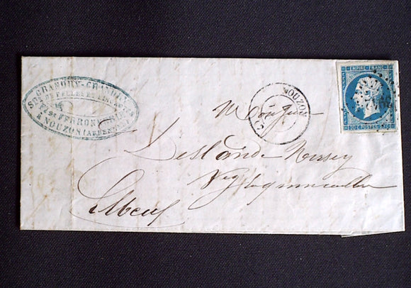 1860 France lettre PC 3942 Nouzon(7) ARDENNES sur timbre n°14 Ind 8 AA7