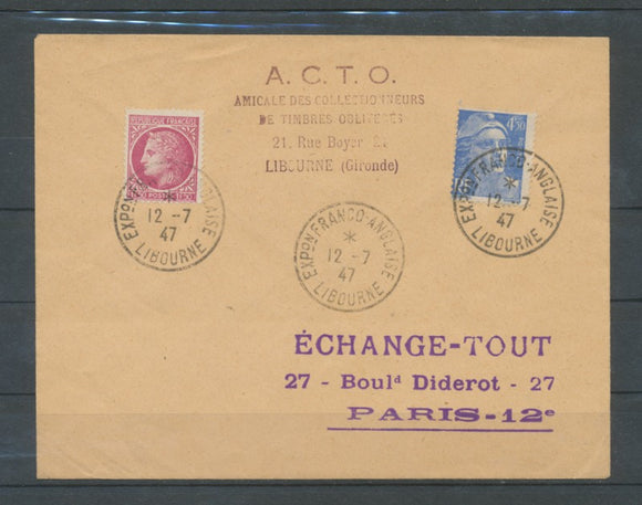 1947 lettre obl. expo franco-Anglaise LIBOURNE LUXE C460
