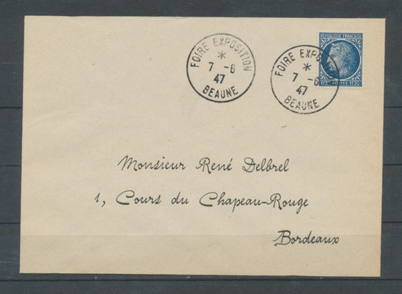 1947 lettre Obl. FOIRE EXPOSITION BEAUNE EXTRA. C491