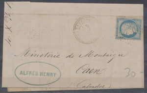 1871 Lettre N°60A 25c bleu GC3059+C.Perlé QUETTEHOU MANCHE(48) E273