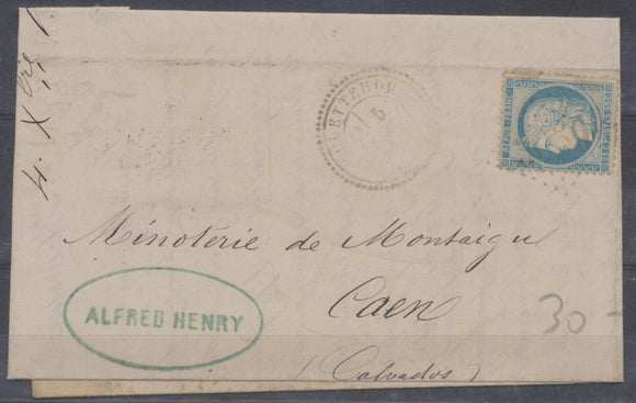 1871 Lettre N°60A 25c bleu GC3059+C.Perlé QUETTEHOU MANCHE(48) E273