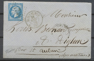 1867 Lettre N°22 Obl GC1740 T15 GUILLAUMES arrivée St Auban TB Ind 18 H2019