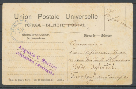 1908 Cachet perlé DEDEAGH sur CP Affranchit par un 10r du Portugal. TB H2583