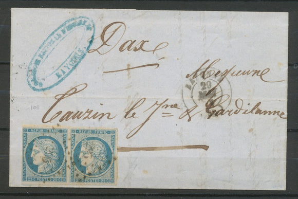 1852 Lettre Paire N°4 25c bleu de Bayonne Pour Dax, rare double port. TB H2585
