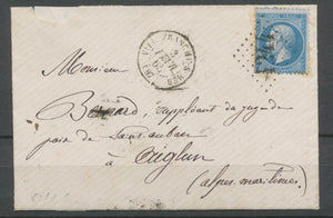 1865 Env. avec N°22 Obl GC 4244 VILLEFRANCHE-S-MER(87) ALPES MARITIMES H3096