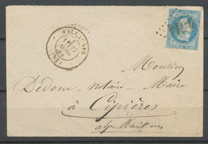 1869 Env. N°29 20c bleu Obl GC 4514 VALLAURIS(87) ALPES MARITIMES. H3098