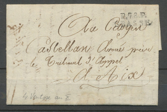 1802 Lettre du 4 Ventôse AN 10 avec Marque 24x9 P78P GRASSE VAR H3100