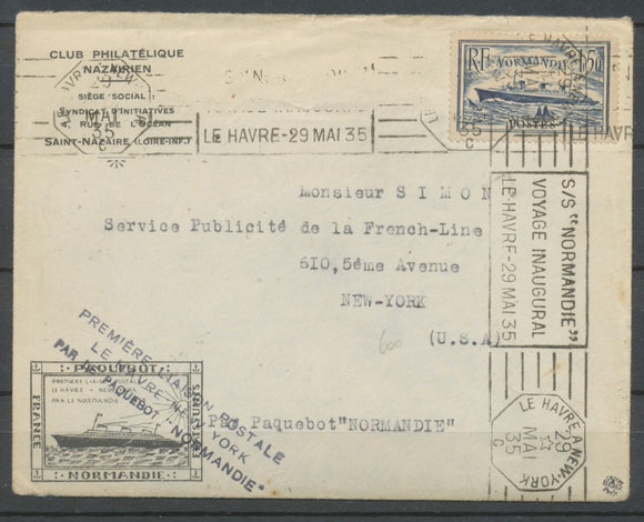 1935 29 Mai Env. 1f50 NORMANDIE VOYAGE INAUGURAL LE HAVRE NEW-YORK H3104