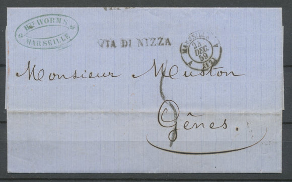 1859 Lettre Griffe VIA DI NIZZA CAD T15 A MARSEILLE A (12) Superbe H3105