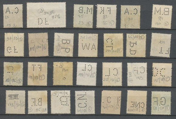 Lot de 27 timbres perforés dont rares. B/TB J329