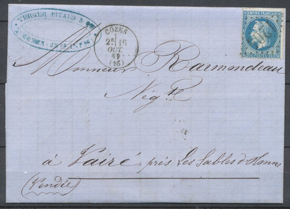 Lettre n°29B 20c. bleu obl GC 1204 Cozes Ind 4 K1007
