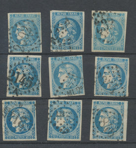 Lot de 9 Bordeaux N°46 20c Bleu. Qualité TTB, TB. L101