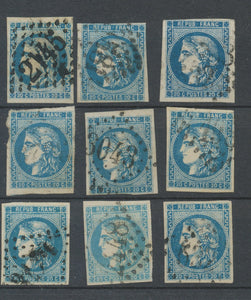 Lot de 9 Bordeaux N°46 20c Bleu. Qualité TTB, TB. L105