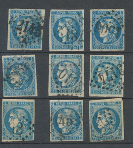 Lot de 9 Bordeaux N°46 20c Bleu. Qualité TTB, TB. L107