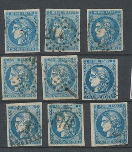 Lot de 9 Bordeaux N°46 20c Bleu. Qualité TTB, TB. L115