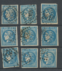 Lot de 9 Bordeaux N°46 20c Bleu. Qualité TTB, TB. L119