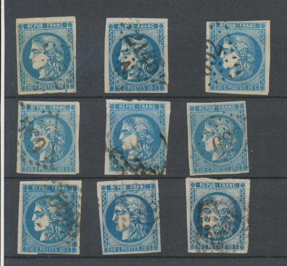 Lot de 9 Bordeaux N°46 20c Bleu. Qualité TTB, TB. L127