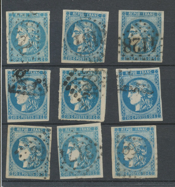 Lot de 9 Bordeaux N°46 20c Bleu. Qualité TTB, TB. L133