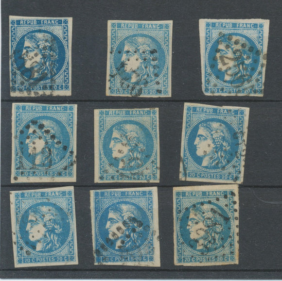 Lot de 9 Bordeaux N°46 20c Bleu. Qualité TTB, TB. L139