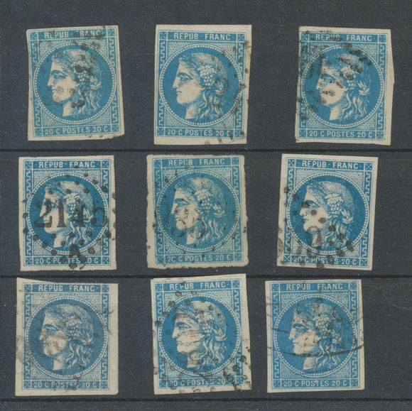 Lot de 9 Bordeaux N°46 20c Bleu. Qualité TTB, TB. L142