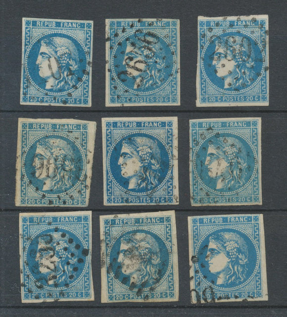 Lot de 9 Bordeaux N°46 20c Bleu. Qualité TTB, TB. L155