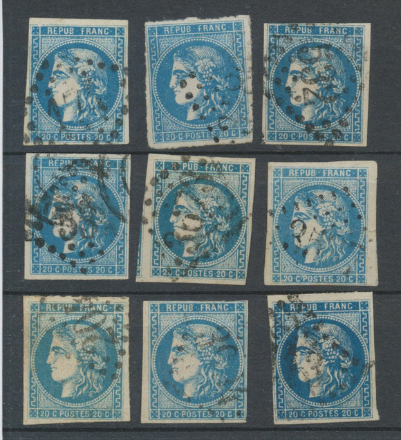 Lot de 9 Bordeaux N°46 20c Bleu. Qualité TTB, TB. L161