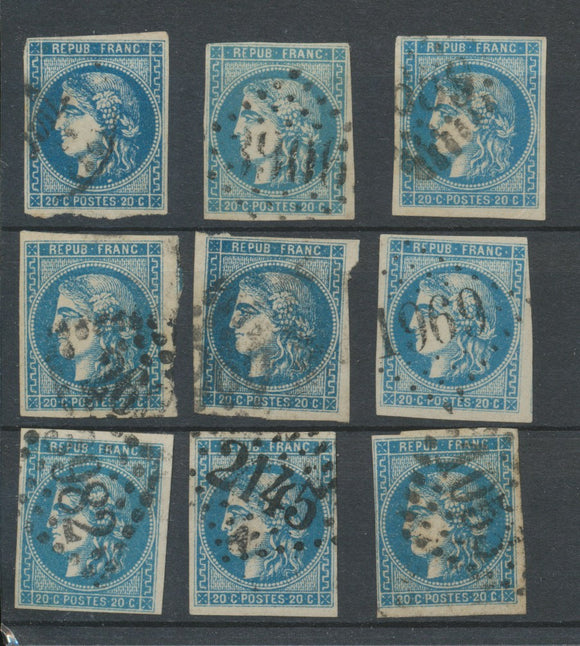 Lot de 9 Bordeaux N°46 20c Bleu. Qualité TTB, TB. L168