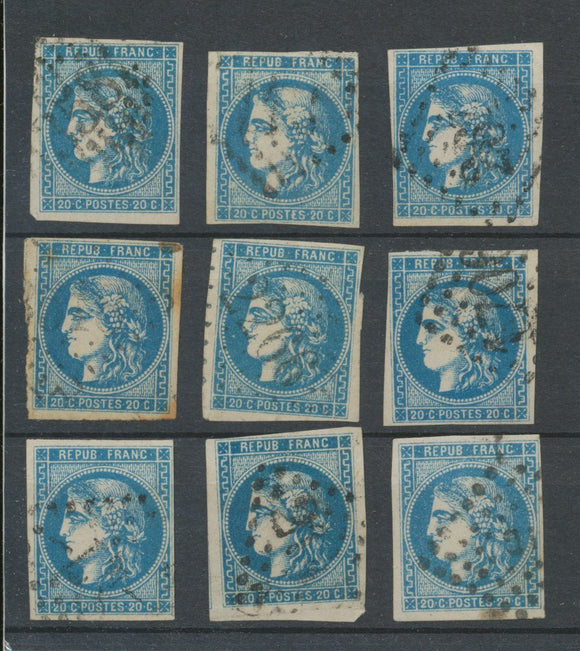 Lot de 9 Bordeaux N°46 20c Bleu. Qualité TTB, TB. L170