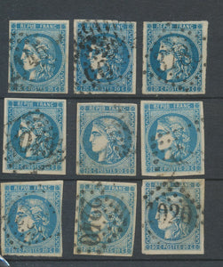Lot de 9 Bordeaux N°46 20c Bleu. Qualité TTB, TB. L171