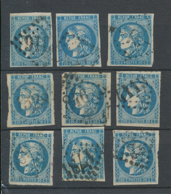 Lot de 9 Bordeaux N°46 20c Bleu. Qualité TTB, TB. L173