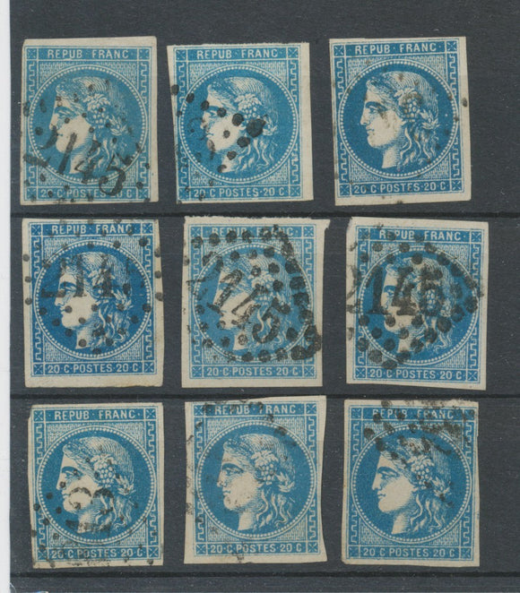 Lot de 9 Bordeaux N°46 20c Bleu. Qualité TTB, TB. L174