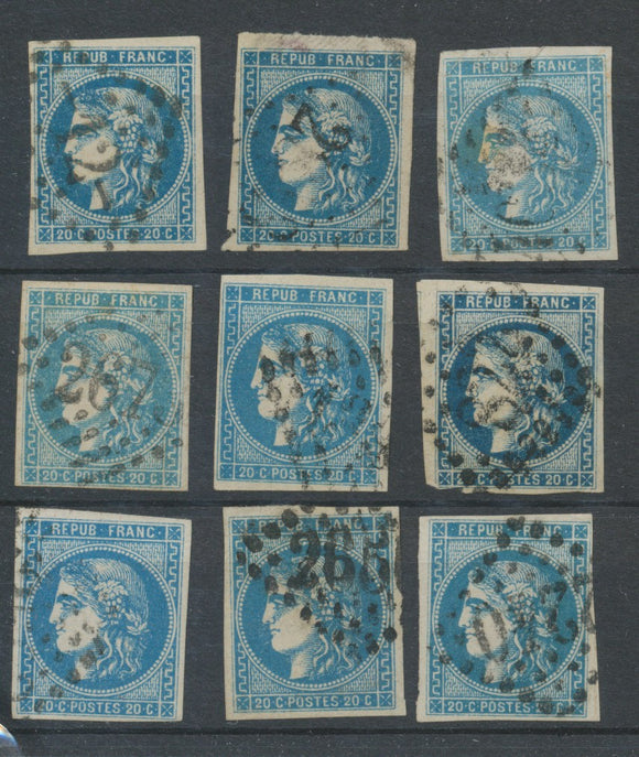 Lot de 9 Bordeaux N°46 20c Bleu. Qualité TTB, TB. L177