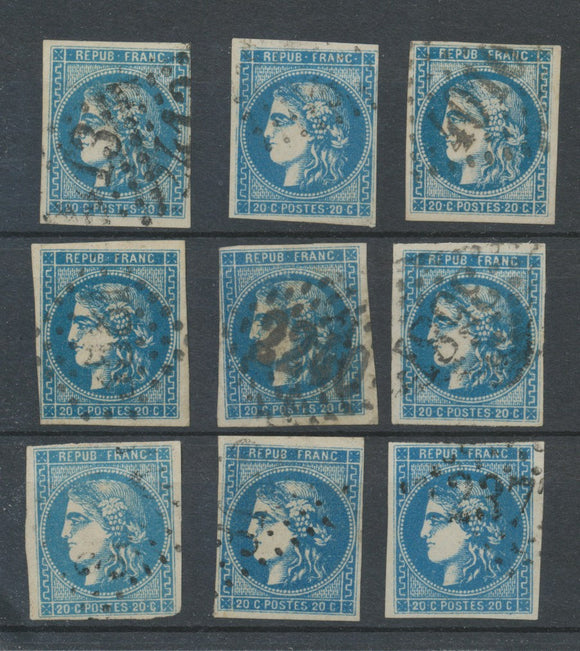 Lot de 9 Bordeaux N°46 20c Bleu. Qualité TTB, TB. L179