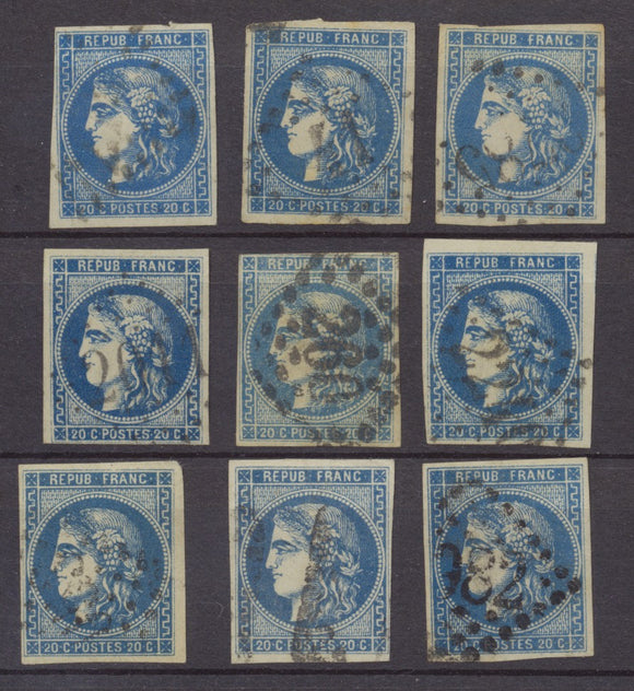 Lot de 9 Bordeaux N°46 20c Bleu. Qualité TTB, TB. L3