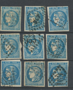 Lot de 9 Bordeaux N°46 20c Bleu. Qualité TTB, TB. L46