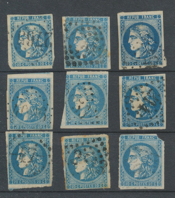 Lot de 9 Bordeaux N°46 20c Bleu. Qualité TTB, TB. L55