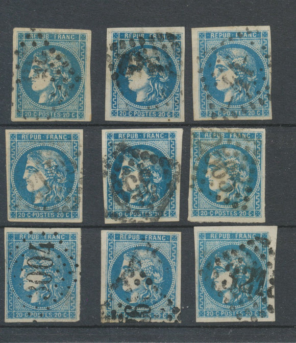 Lot de 9 Bordeaux N°46 20c Bleu. Qualité TTB, TB. L69